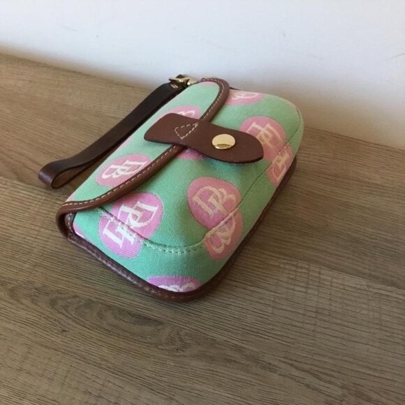Vintage Dooney & Bourke Wristlet Logo Pattern Green w/Pink, Brown Leather Trim - Picture 6 of 7